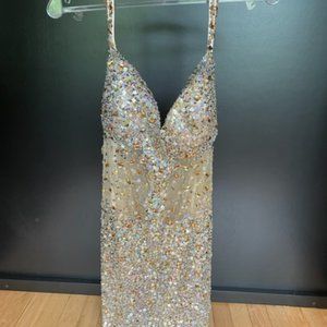 Sequined/beaded and mesh special occasion dress, size medium.
